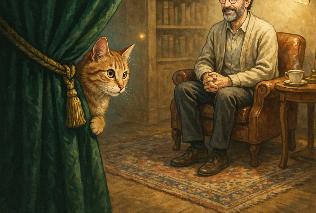 Ilustração: um gato à porta de uma sala acolhedora, com uma psicóloga sentada em uma poltrona